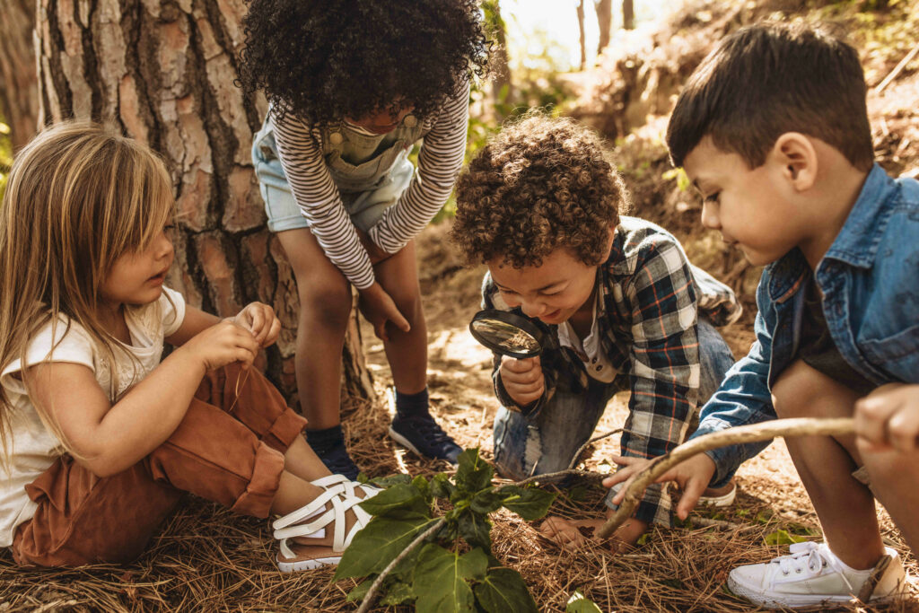 Kinder im Wald, die als Forscher zusammen mit der Lupe Blätter betrachten.
